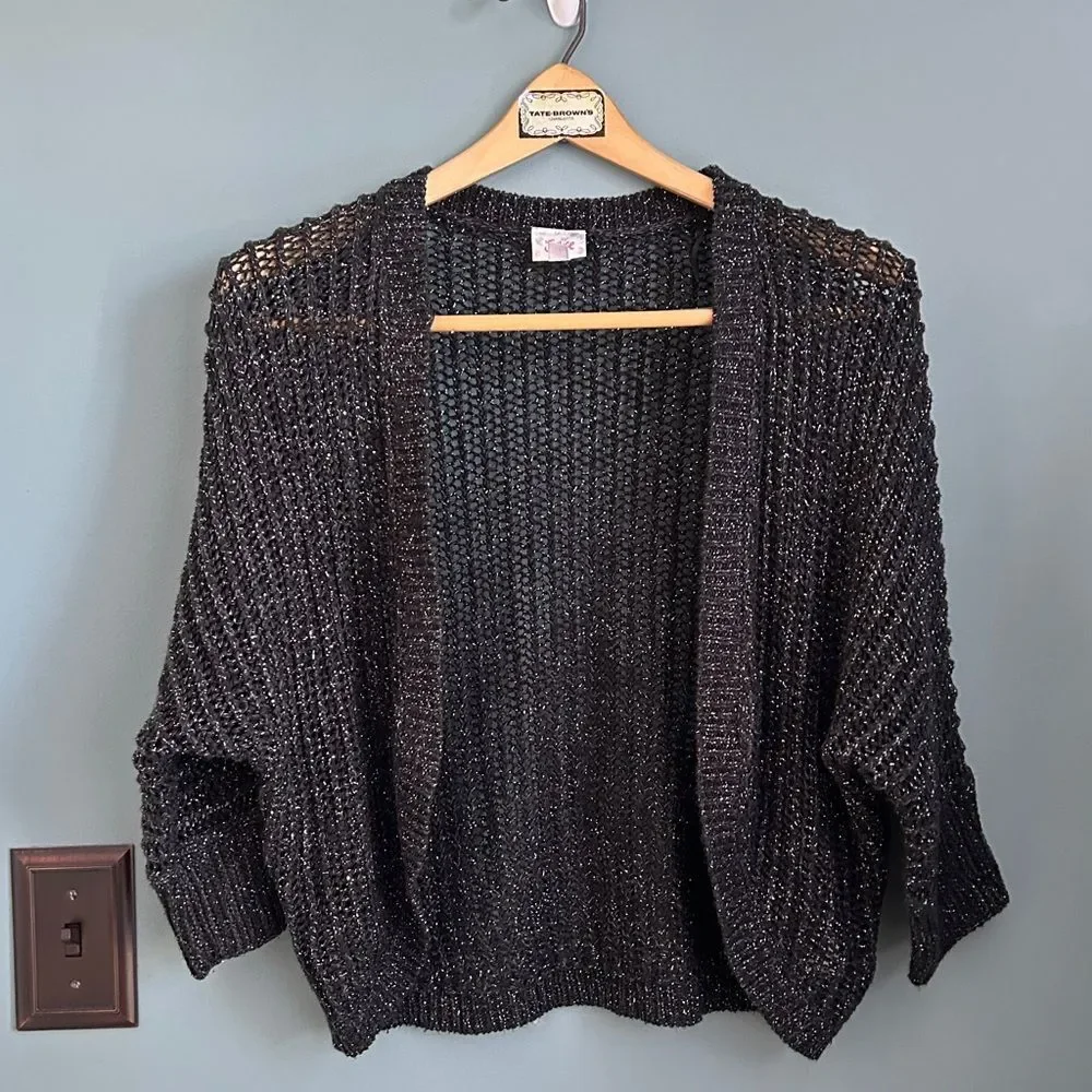 Justice Black and Silver Metallic Knit Shrug Cardigan 3/4 Sleeve Plus Size 18